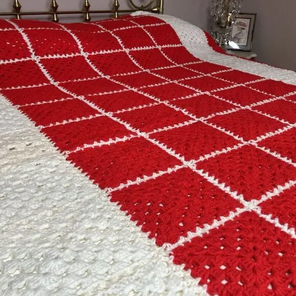 Vtg Handmade Crochet Granny Square Afghan Bedspread Approx 70 x 96 Red & White